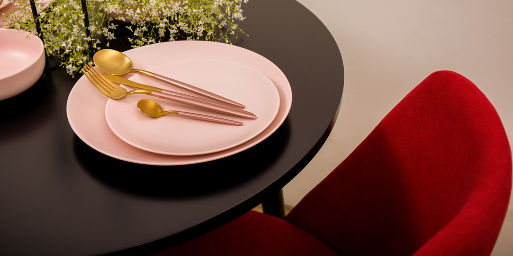 Plates Arranged for a Romantic Dinner, a Lux Red Dining Chair