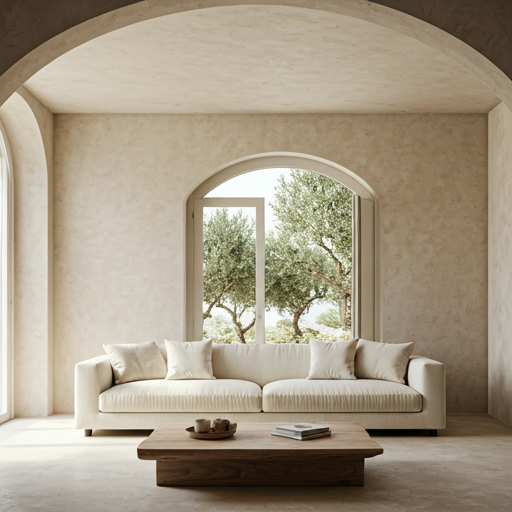 Mediterranean living space with arched window and linen sofas