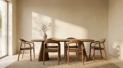 A beautifully set dining table surrounded by upholstered chairs, styled with ceramic tableware and natural linens