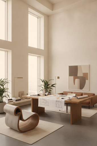 Studio ISHO design team reviewing fabric and material samples in a sunlit workspace
