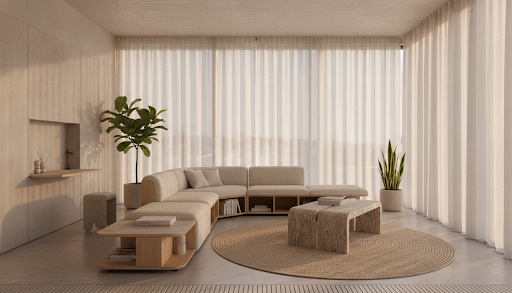 A compact, light-filled living room with multi-functional furniture maximizing a small footprint