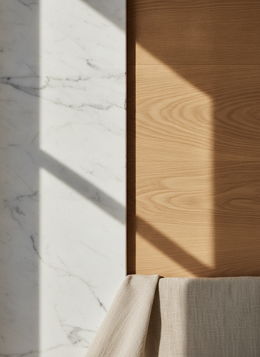 Close-up of natural oak wood grain and woven linen fabric textures