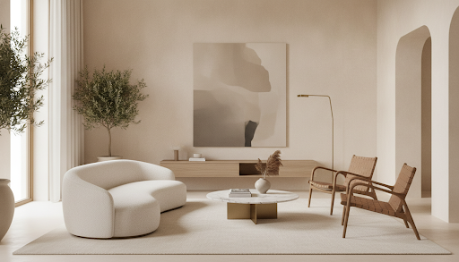 Warm, curated autumn living room with layered textiles and deep, earthy tones